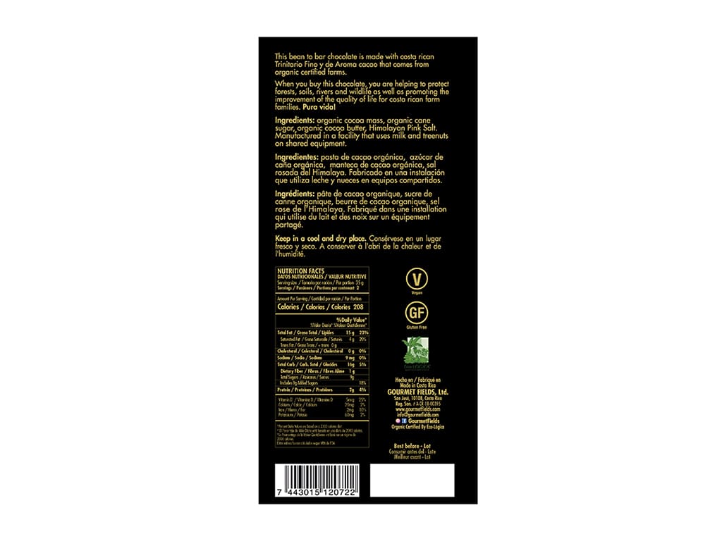 Chocolate Orgánico oscuro 70% con sal Rosada del Himalaya